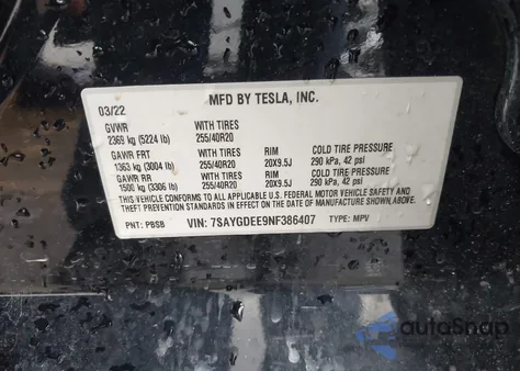 2022 Tesla Model Y Long Range Dual Motor All-Wheel Drive z USA, uszkodzony, nr VIN 7SAYGDEE9NF386407